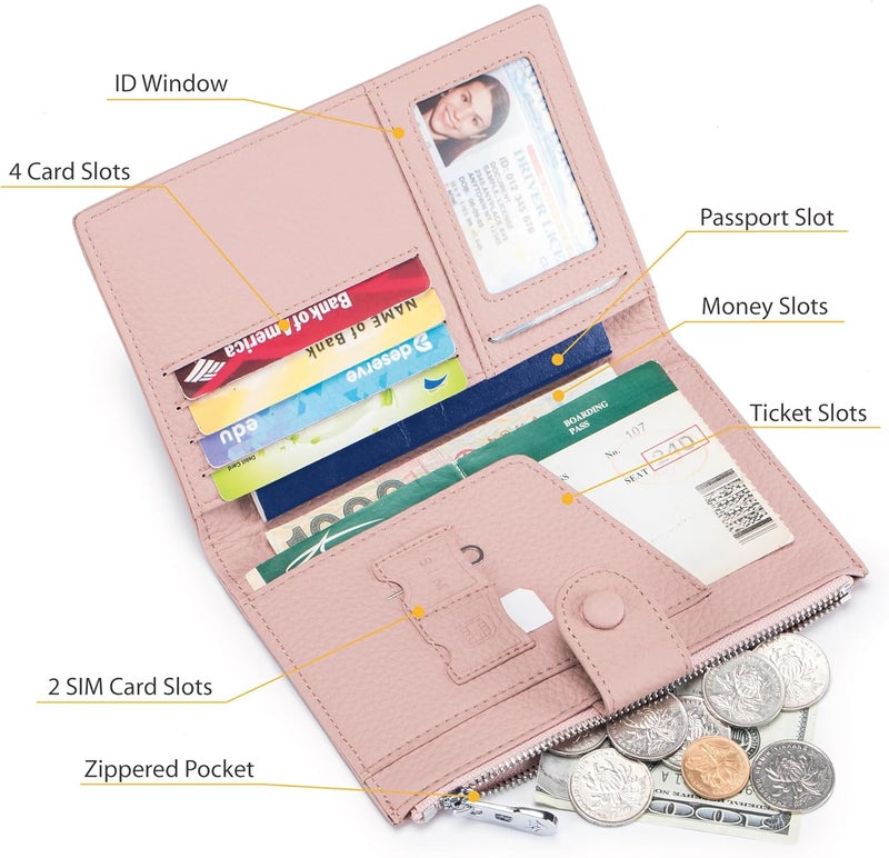 EutDett Leather Travel Wallet for Women, Slim RFID Blocking Passport Holder, Compact Passport Wallet with Zippered Coins Pocket and SIM Slots, Ladies Passport Cover - Image 2